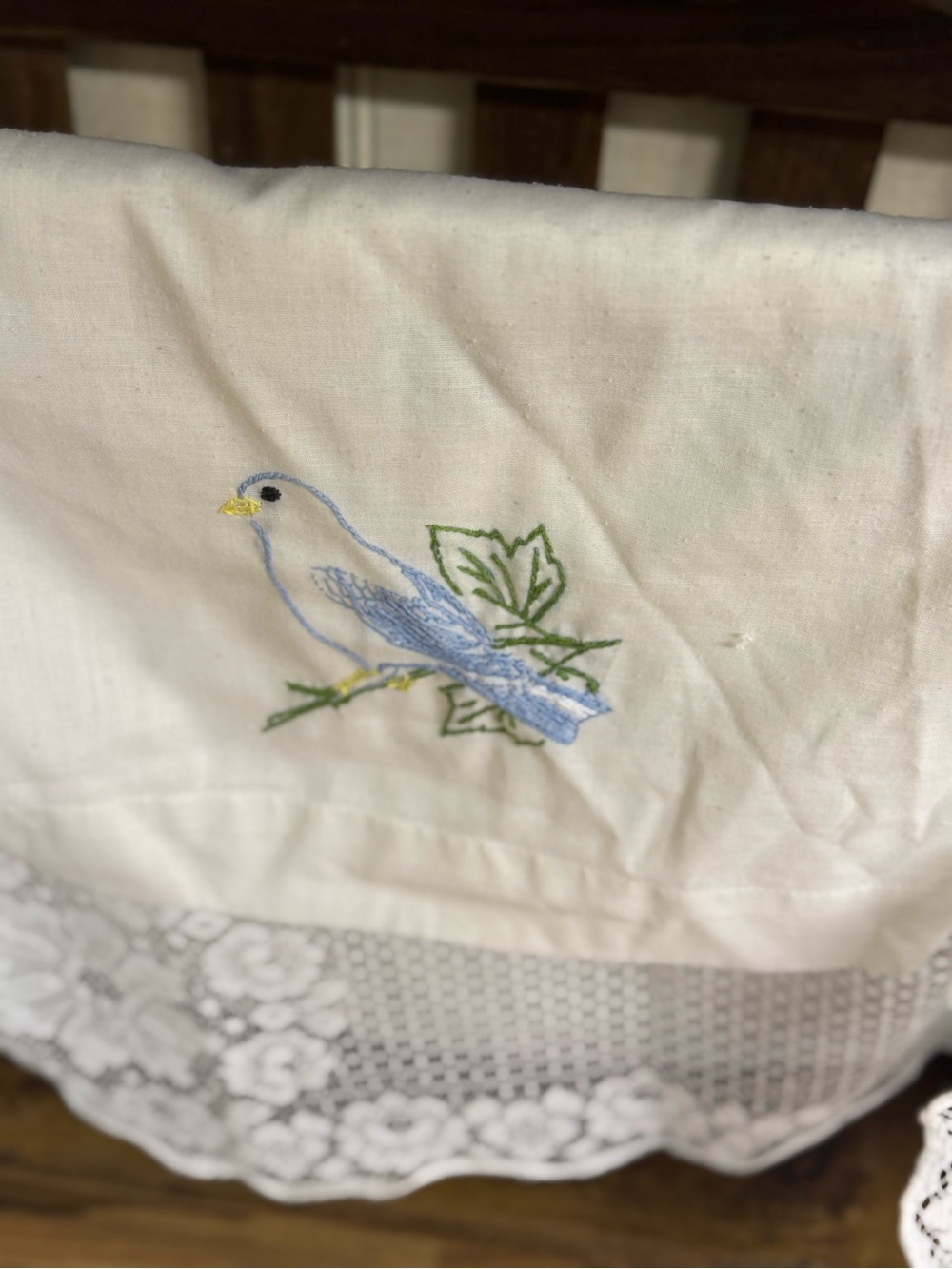 Embroidered Blue Bird Linen Pillowcase